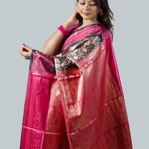 প্রিমিয়াম মিনাকারী কাতান সিল্ক শাড়ি – রয়্যাল ওয়াইন-ম্যাজেন্টা ও অ্যান্টিক গোল্ড